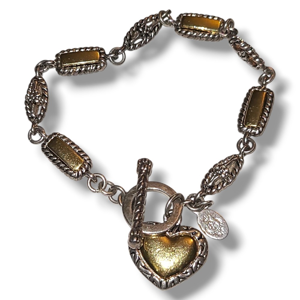 Vintage Premier Designs Heart Charm Bracelet Gold Silver Tone Toggle‎ Link 7.5"